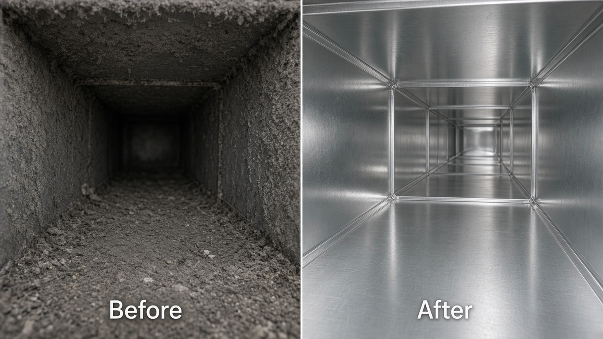 Before and after comparison of a dusty air duct interior and a clean duct