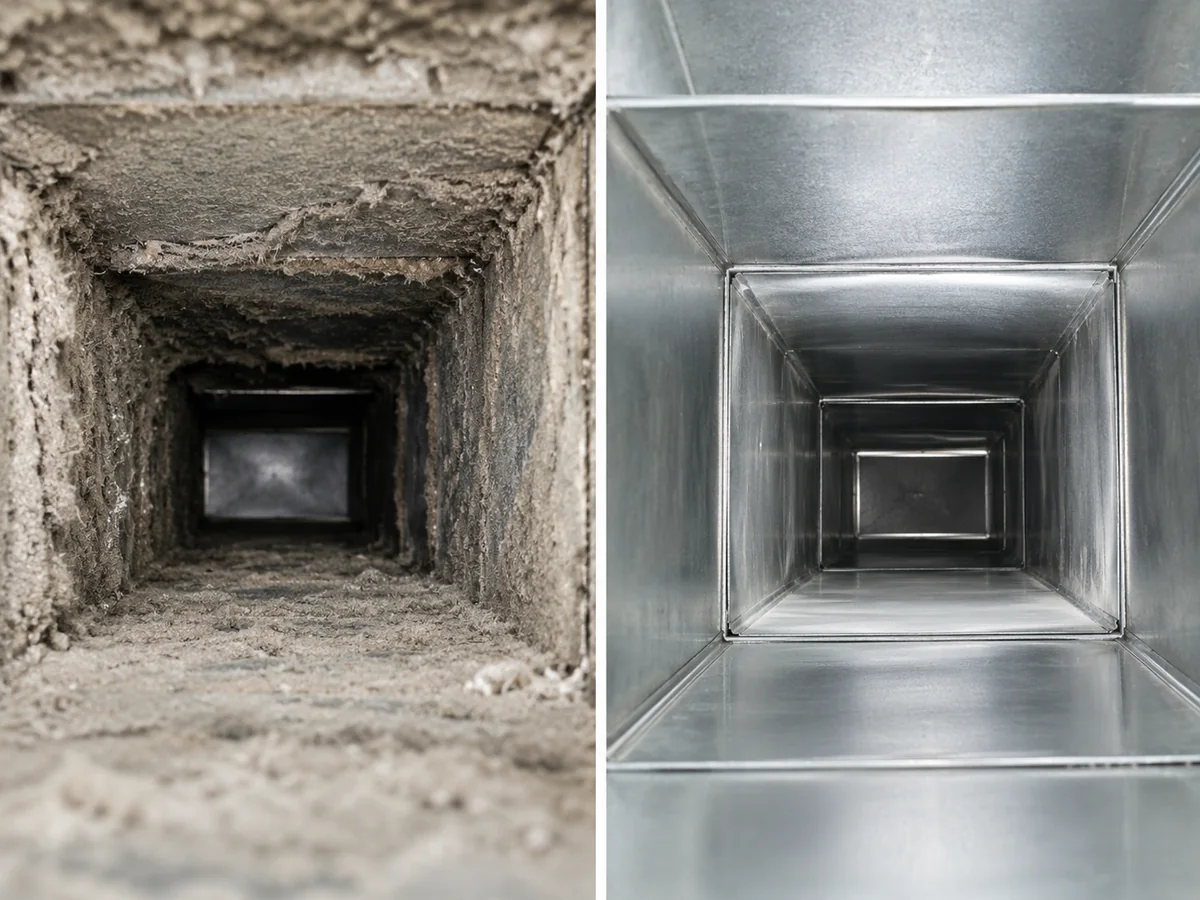 Duct interior before and after a NADCA-standard cleaning