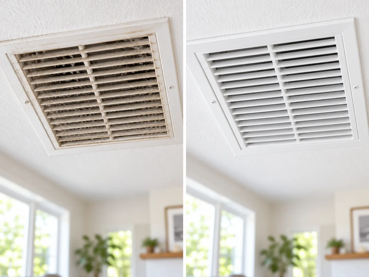 Ceiling supply vent before and after cleaning
