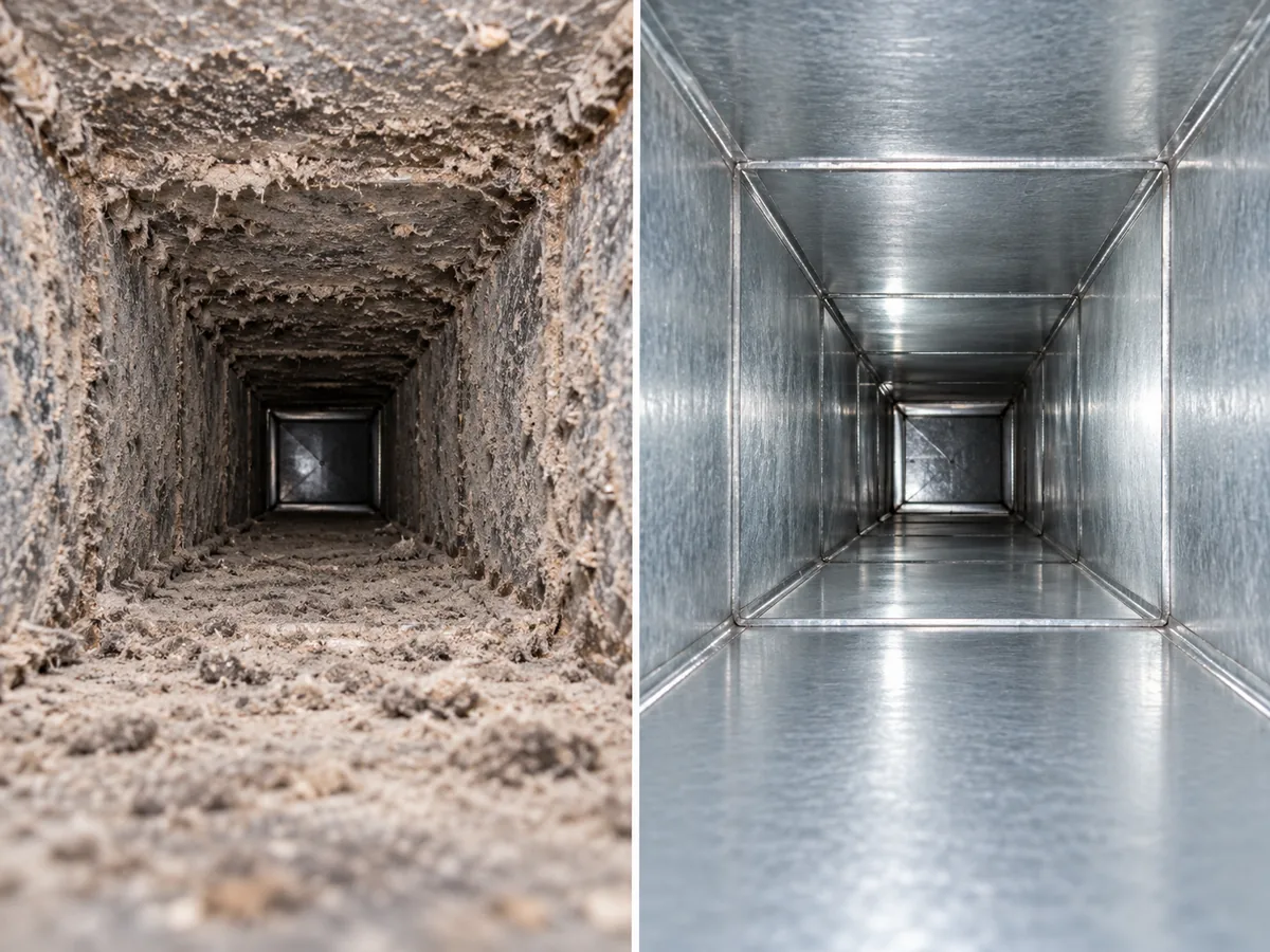 Inside a sheet-metal duct: dust buildup before cleaning and bare metal after