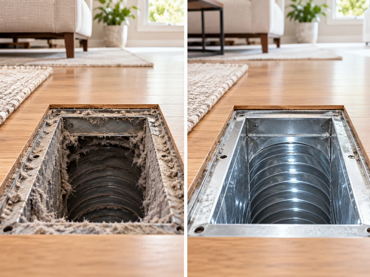 Floor register duct before and after cleaning