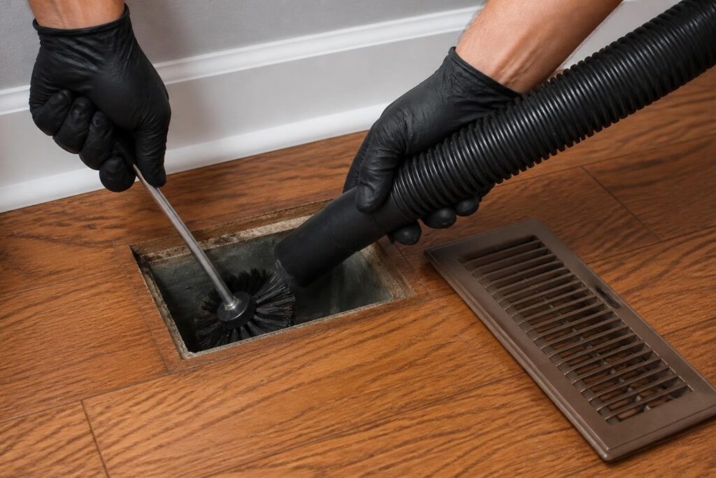 USA Air Management technician cleaning a floor air duct register with a rotary brush and HEPA vacuum in a New Jersey home