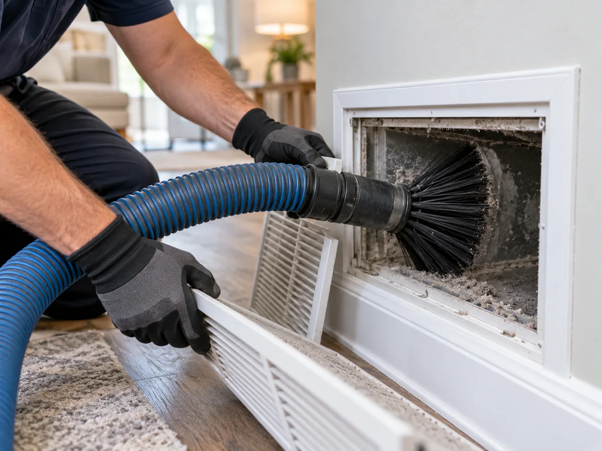 Rotary brush cleaning a supply duct behind a wall register in Cumberland County, NJ