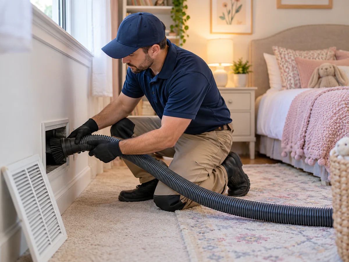 Cleaning a bedroom wall vent during a whole-house duct cleaning in Camden County
