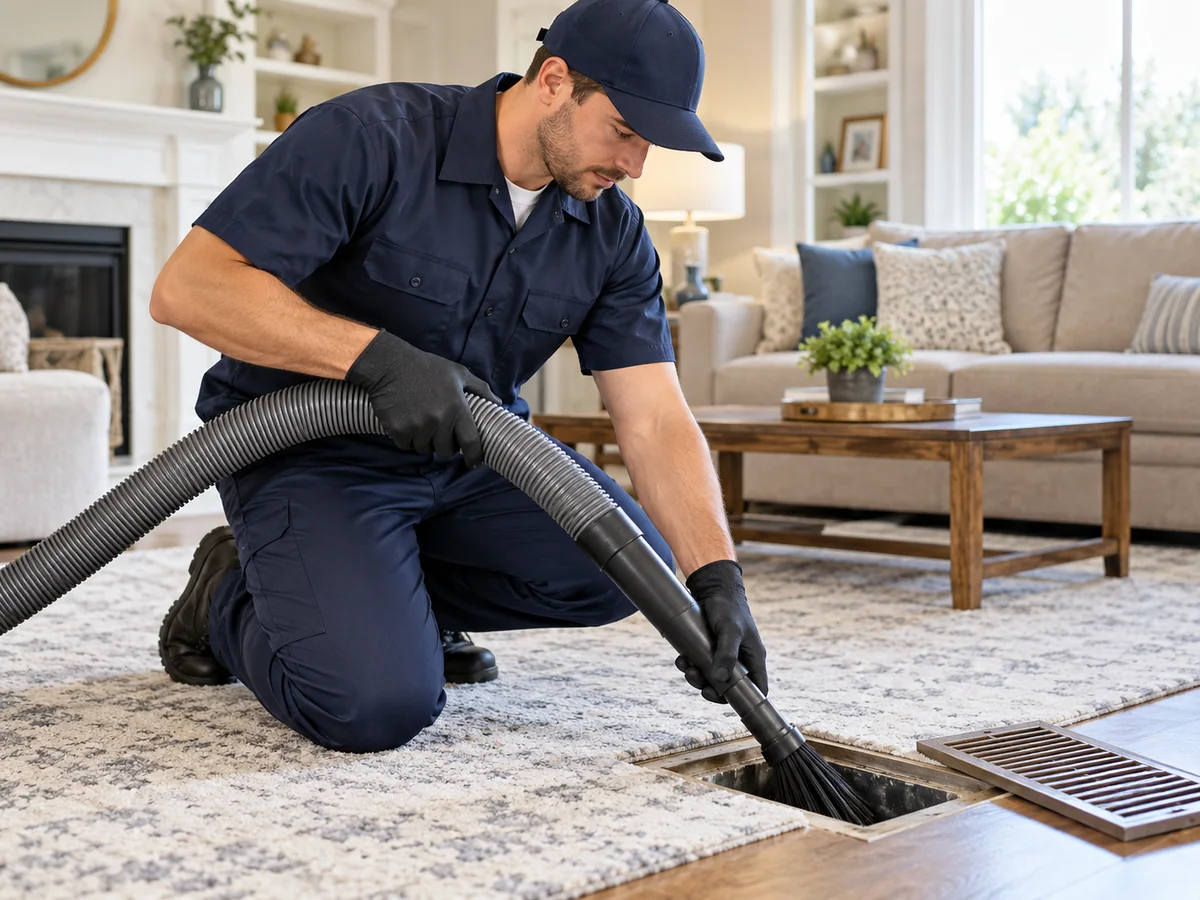 Technician vacuuming a floor register during air duct cleaning in a Cape May County, NJ home