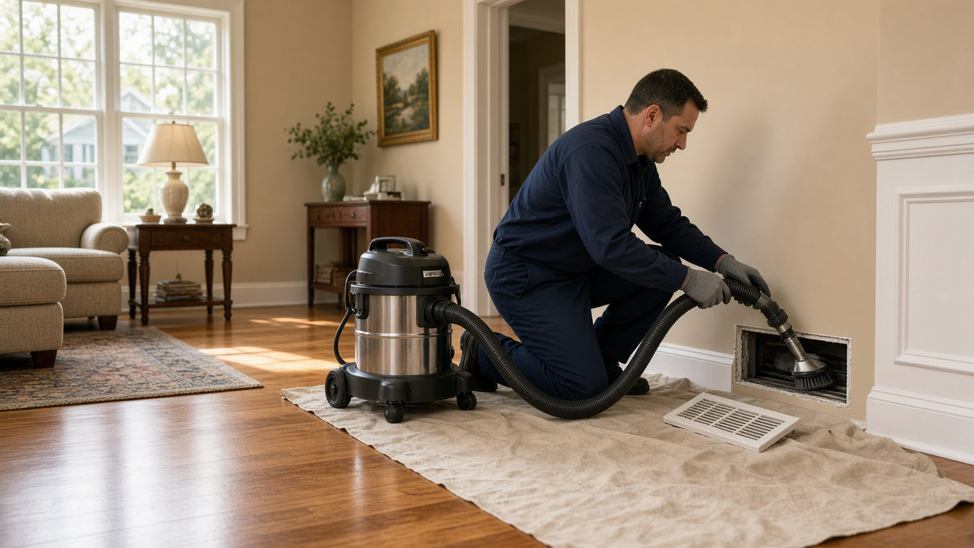 A technician cleaning a residential air duct in a New Jersey home