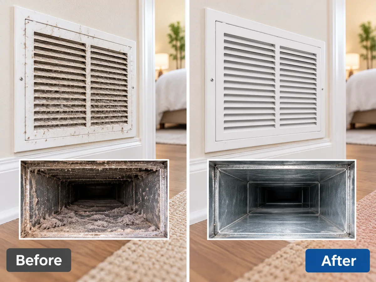 Wall return vent and duct before and after cleaning