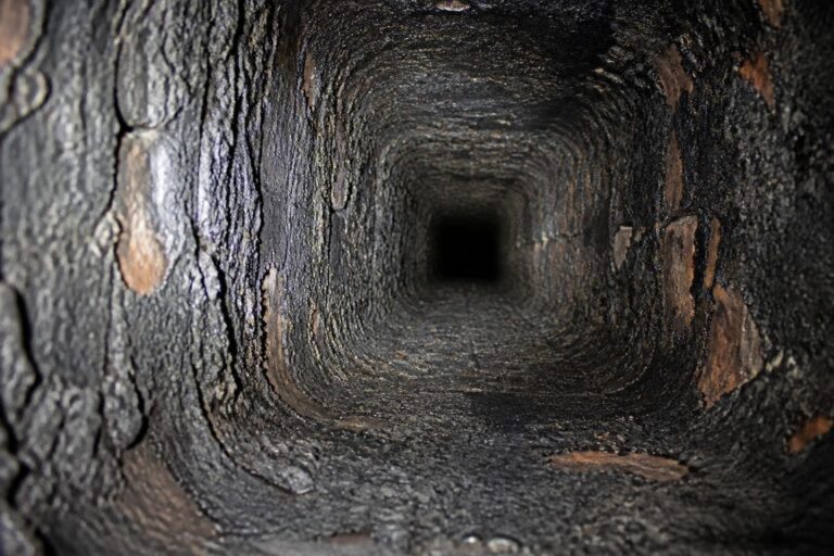 Close-up inside a masonry chimney flue coated with black creosote and soot buildup