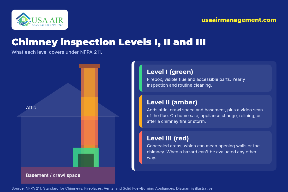 Diagram of chimney inspection Levels I, II and III on a house cross-section. Level I in green covers the firebox and visible flue for yearly checks. Level II in amber adds the attic, crawl space, basement and a video scan of the flue, for a home sale or other change. Level III in red covers concealed areas. Source NFPA 211. USA Air Management logo.