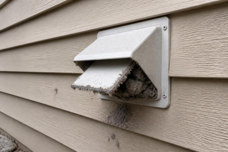 Exterior dryer vent hood on vinyl siding with the flap stuck open and packed with lint, a common sign of a clogged dryer vent