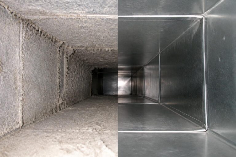 Inside of a residential sheet-metal air duct: dusty, debris-coated section next to a clean section after duct cleaning