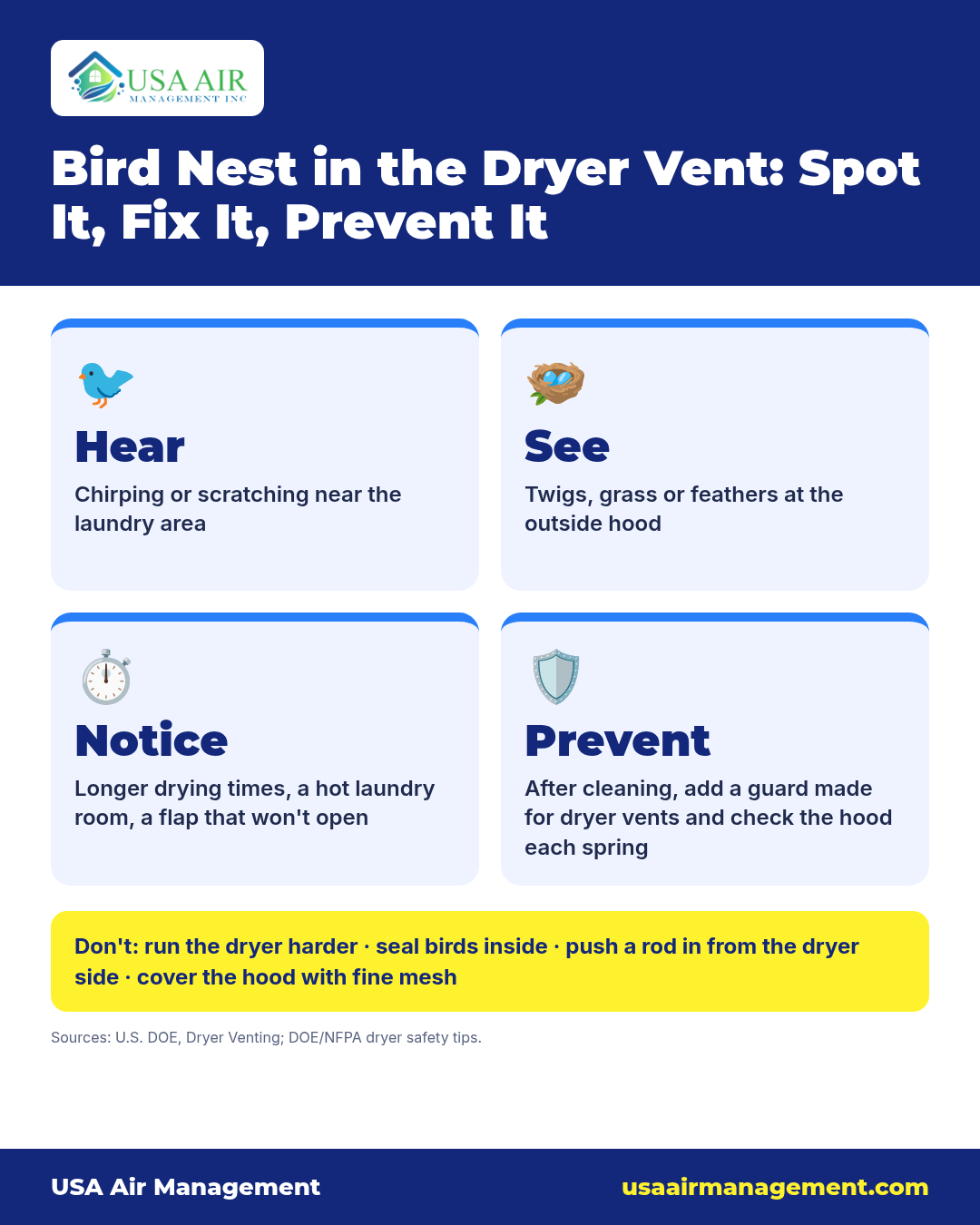 Infographic titled "Bird Nest in the Dryer Vent: Spot It, Fix It, Prevent It". Hear: Chirping or scratching near the laundry area. See: Twigs, grass or feathers at the outside hood. Notice: Longer drying times, a hot laundry room, a flap that won't open. Prevent: After cleaning, add a guard made for dryer vents and check the hood each spring. Don't: run the dryer harder · seal birds inside · push a rod in from the dryer side · cover the hood with fine mesh. Sources: U.S. DOE, Dryer Venting; DOE/NFPA dryer safety tips. Footer: USA Air Management, usaairmanagement.com.
