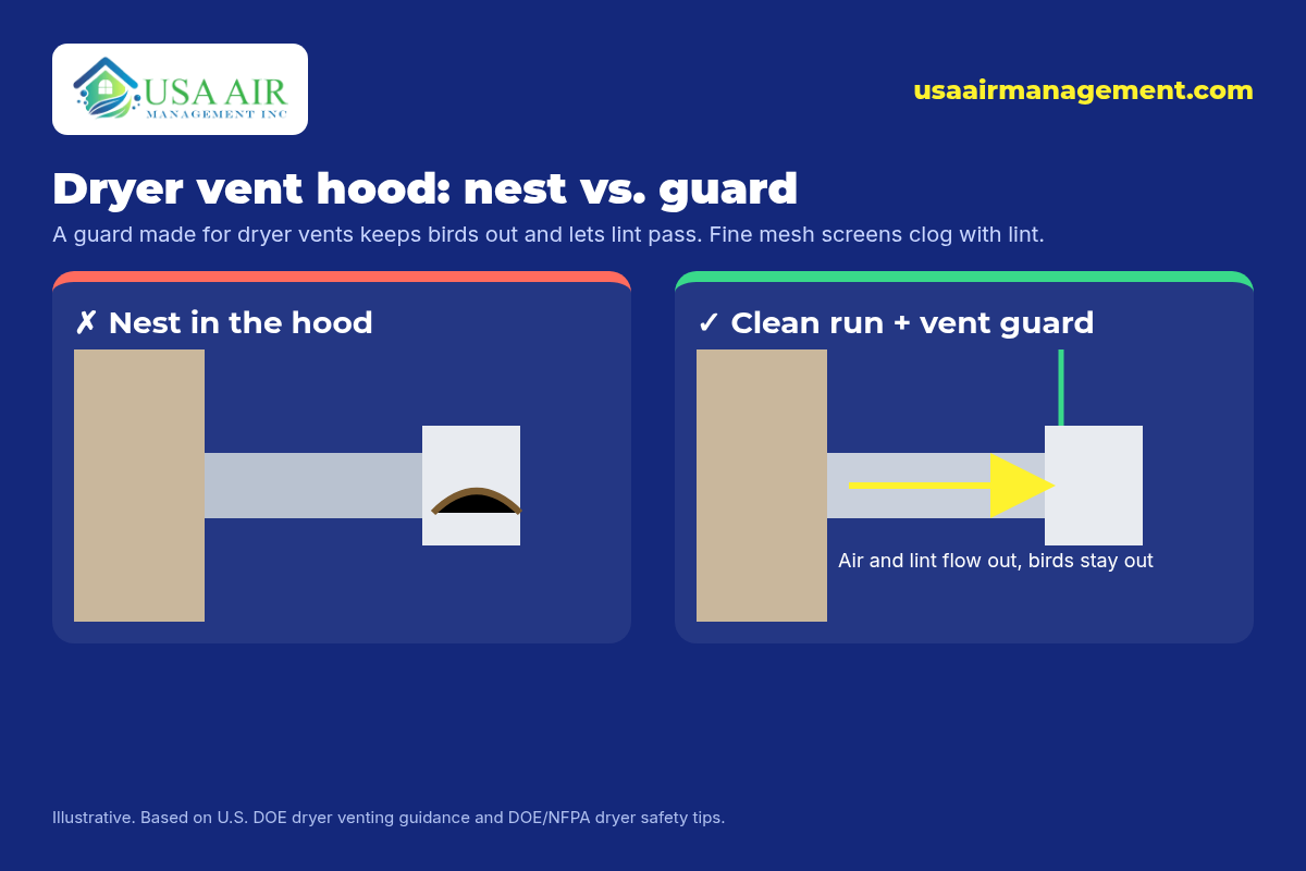 Comparison graphic titled "Dryer vent hood: nest vs. guard." Left: twigs and lint packed into an exterior dryer vent hood, blocking airflow. Right: a clean duct with a vent guard that lets air and lint out and keeps birds out. Note that fine mesh screens clog with lint. USA Air Management logo.