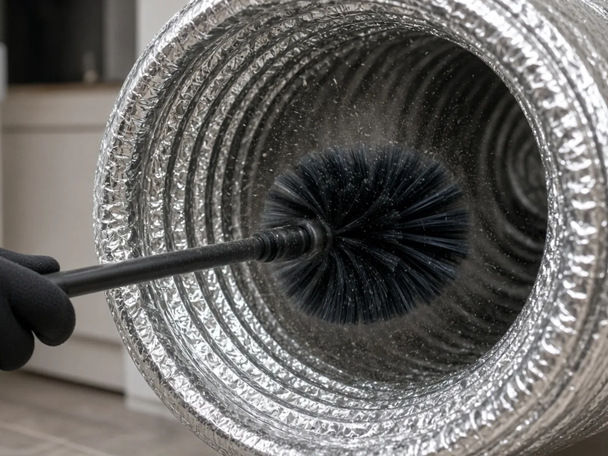 Rotary brush clearing lint from inside a dryer vent duct