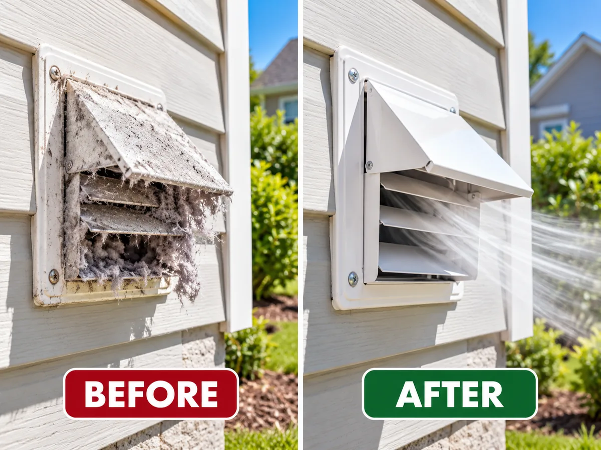 Exterior dryer vent hood clogged with lint, and clear after cleaning