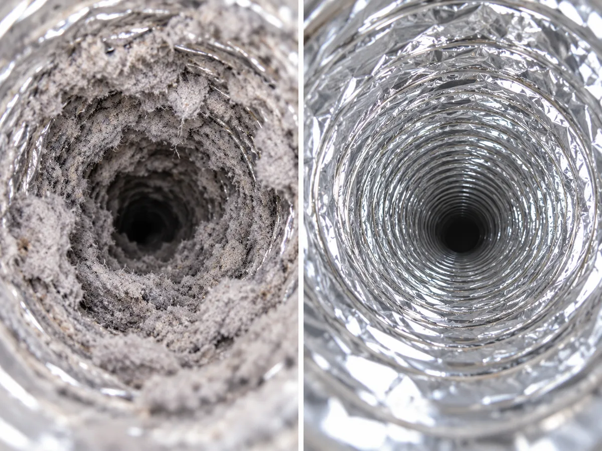 Foil dryer duct packed with lint before cleaning and clear after
