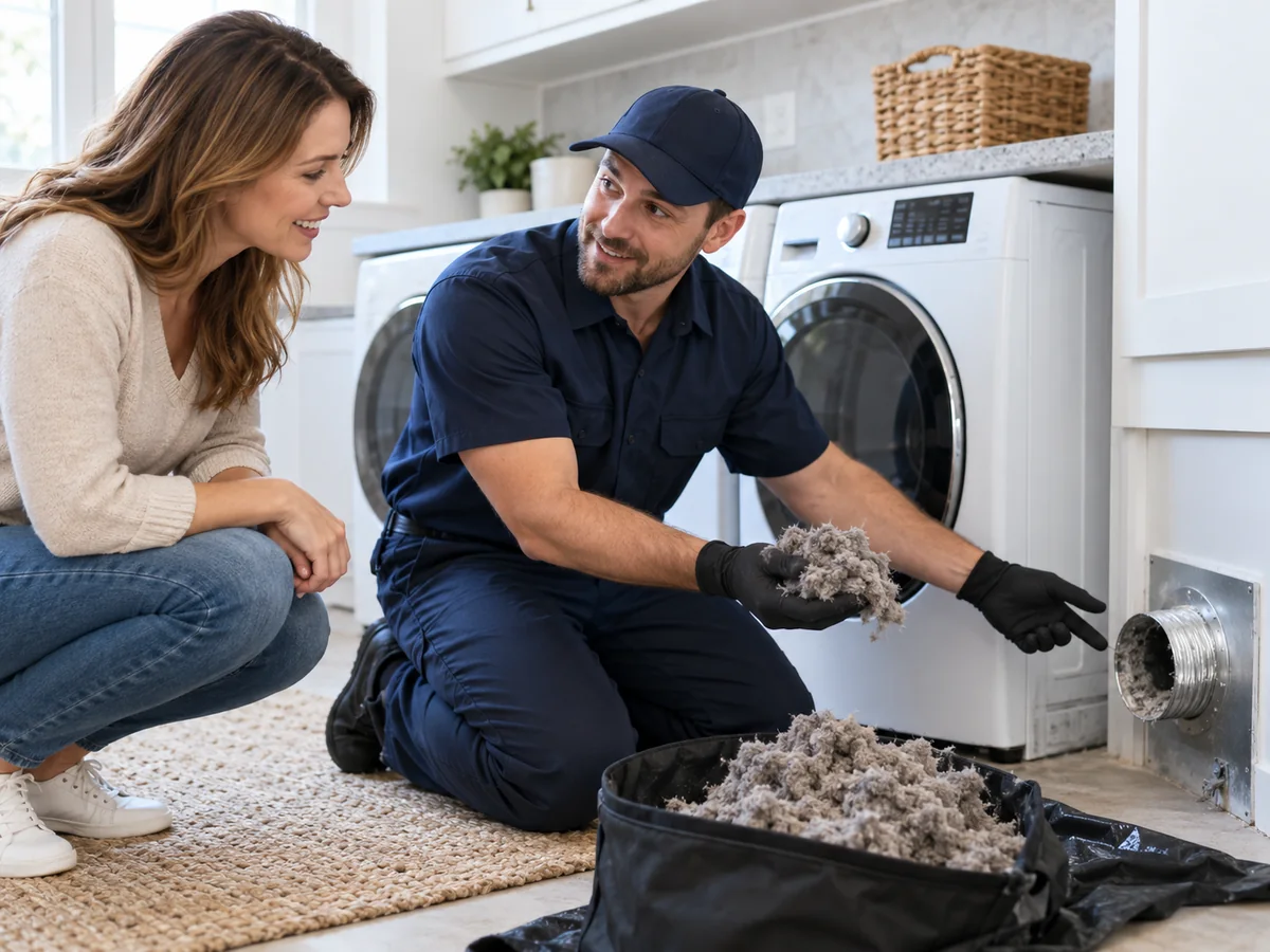 Technician showing a homeowner the lint removed from their dryer vent