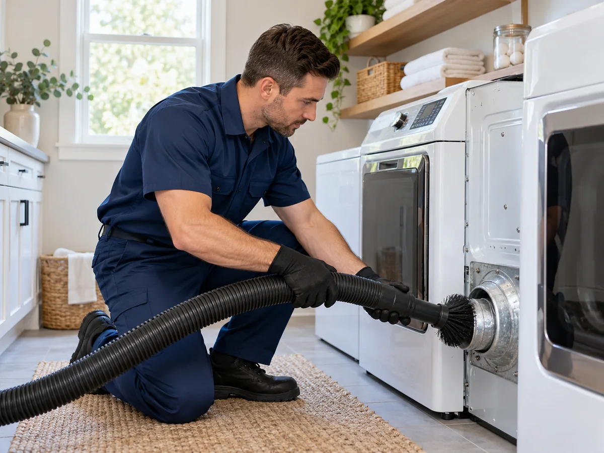 Technician cleaning a dryer vent line in a Warren County laundry room