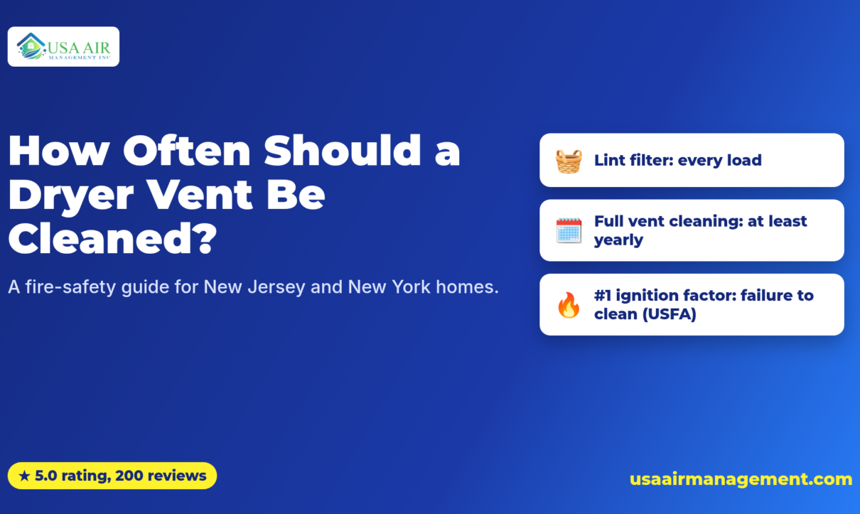Navy and blue banner titled "How Often Should a Dryer Vent Be Cleaned?" with the subtitle "A fire-safety guide for New Jersey and New York homes." Three cards read: Lint filter: every load; Full vent cleaning: at least yearly; #1 ignition factor: failure to clean (USFA). A badge reads 5.0 rating, 200 reviews. USA Air Management logo top left and usaairmanagement.com bottom right.
