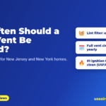 Navy and blue banner titled "How Often Should a Dryer Vent Be Cleaned?" with the subtitle "A fire-safety guide for New Jersey and New York homes." Three cards read: Lint filter: every load; Full vent cleaning: at least yearly; #1 ignition factor: failure to clean (USFA). A badge reads 5.0 rating, 200 reviews. USA Air Management logo top left and usaairmanagement.com bottom right.