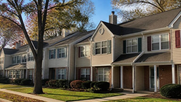 Row of two-story townhouses with chimneys in a New Jersey community, the kind of HOA home where dryer vents run long distances