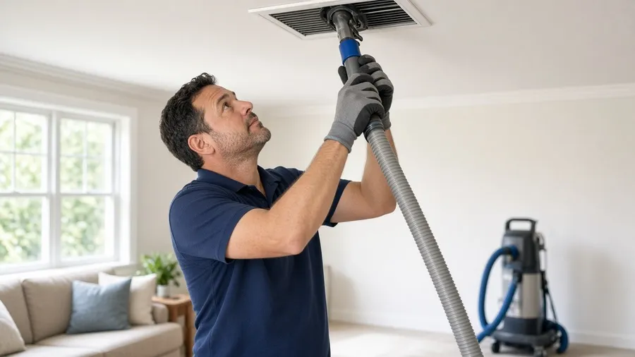 Technician cleaning a ceiling air vent in a home