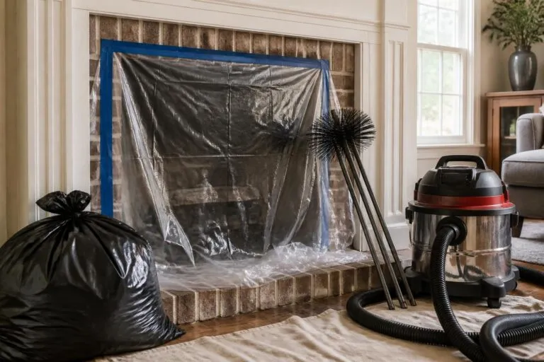 Fireplace protected with plastic before chimney cleaning