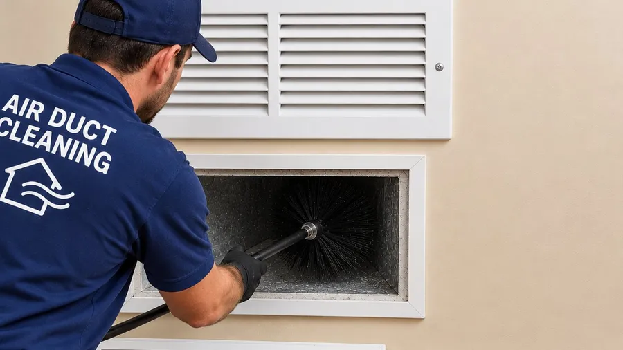 Technician inspecting furnace ductwork